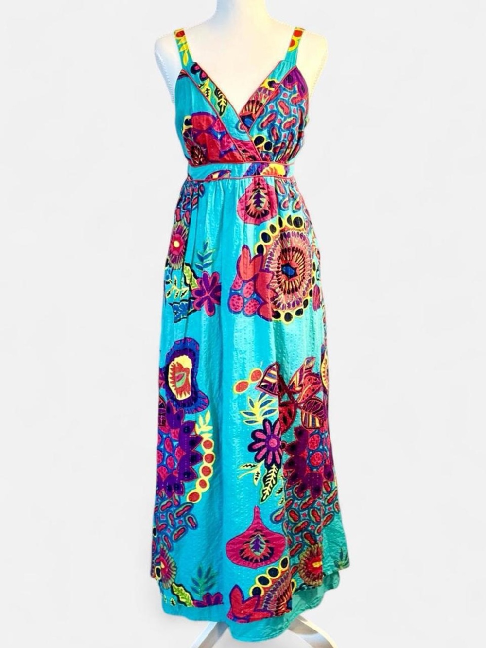 Vasna Desire Turquoise Multicolor Boho Cotton Maxi Dress M